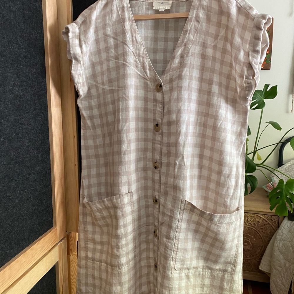 Lou & Grey 100% LINEN Sleeveless Button-Front Check Dress in Light Beige XS